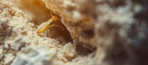 Closeup macro termite in wood damage infestation pest control home issue structural problem exterminator bugs concept background banner copy space advert 