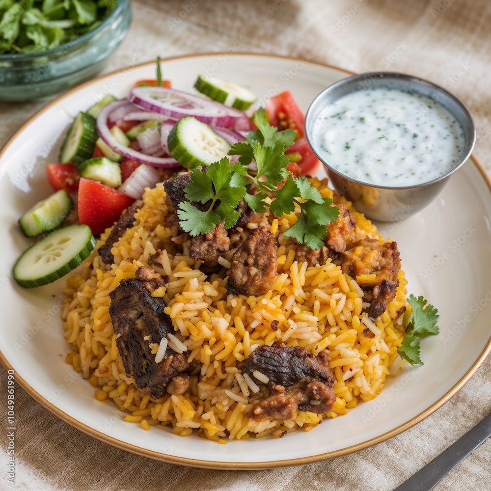 Close-up food photograph of a steaming plate of biryani Close-up food photograph of a steaming plate of biryani