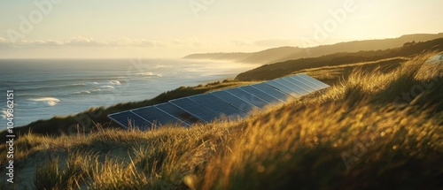 Scenic Coastal Landscape at Sunset with Solar Panels on Hilltop, Capturing Renewable Energy amidst Lush Green Grass and Ocean Waves