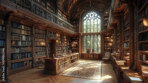 Traditional library with wooden shelves filled with old books and manuscripts