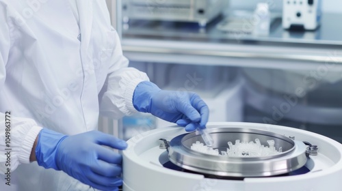 A close-up of a medical lab technician analyzing a sample in a centrifuge with a clean, well-organized lab background, macro shot