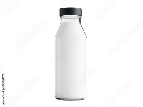 Fresh milk bottle, glass container with black cap, white isolated background.