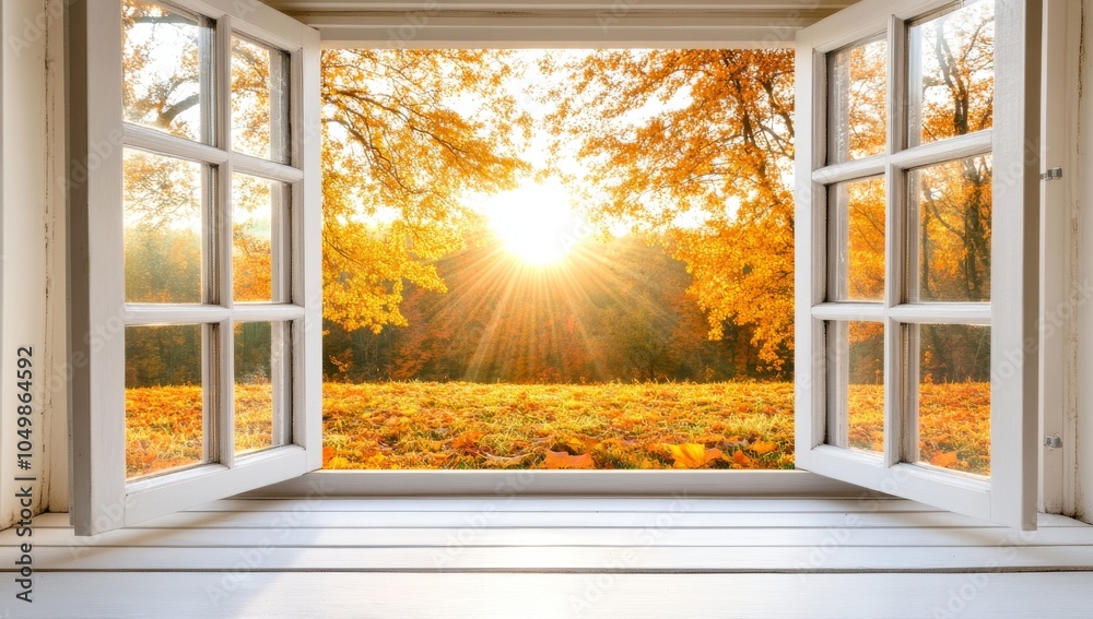 Obraz premium Morning Sunlight Through Window Illuminating Autumn Trees