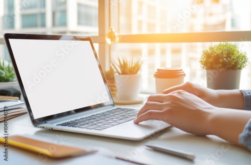 Laptop with a blank white screen on a table