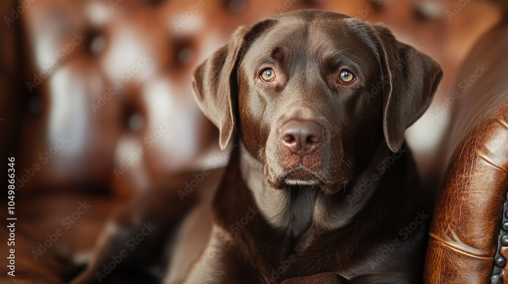 Chocolate Labrador Retriever Sitting on a Leather Couch