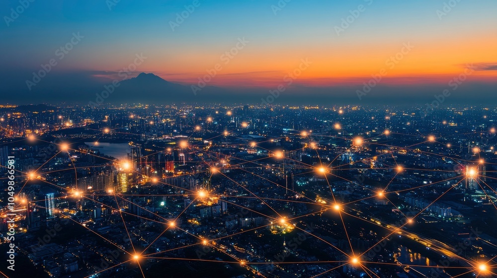Naklejka premium Night aerial view of a city illuminated with glowing network lines.