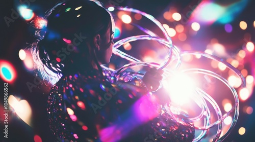 A woman in a sparkly outfit performs with glowing hoops in a dark space with blurred colorful lights in the background.