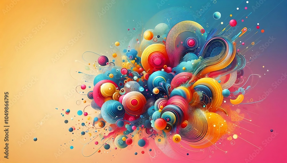 Dynamic burst of colorful abstract shapes and spheres on a vibrant gradient background, creating an energetic and joyful visual impact Dynamic burst of colorful abstract shapes and spheres on a vibrant gradient background, creating an energetic and joyful visual impact
