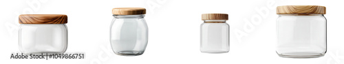 Set of glass jars with wooden lids, isolated on a white background.