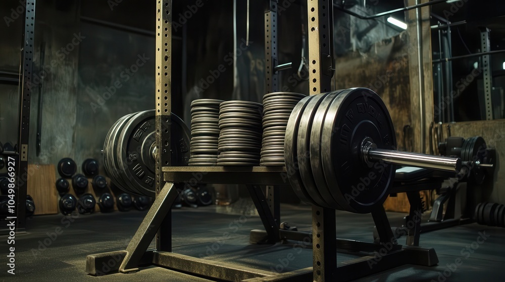 Fototapeta premium Barbell with heavy weight plates resting on a squat rack, dimly lit gym with a gritty, industrial atmosphere