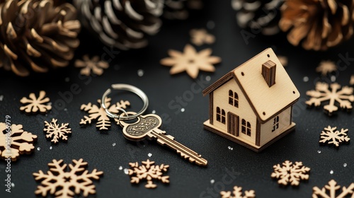 New year or Chrismas day,A photo with wooden snowflakes and wooden stars on a black background has an old key and a wooden house,leave space for the text design.