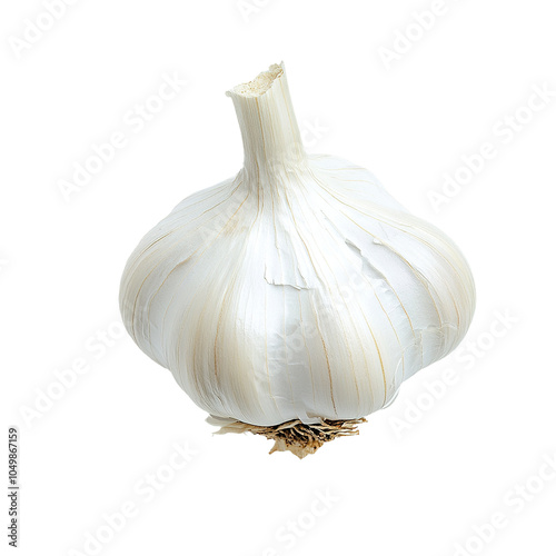 Garlic bulb with white papery skin, showcasing its natural texture and shape, isolated on white background

 photo