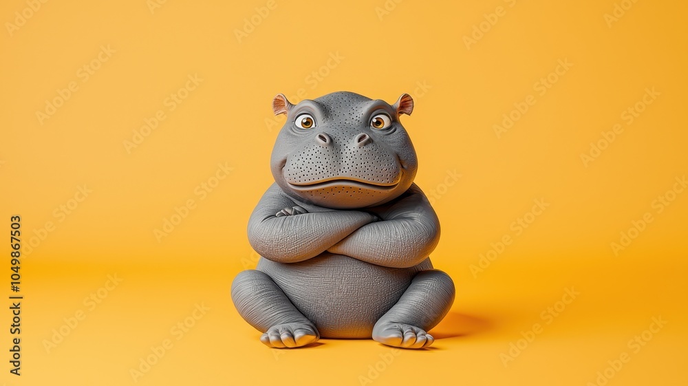 A cute, cartoonish hippo character sits with crossed arms against a vibrant yellow background, exuding a whimsical and playful vibe. A cute, cartoonish hippo character sits with crossed arms against a vibrant yellow background, exuding a whimsical and playful vibe.