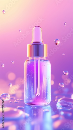 Serum bottle with a gradient of purple and pink liquid, surrounded by shimmering droplets, evoking a sense of luxury and modern skincare