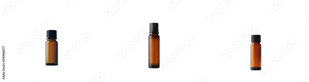 Three amber liquid bottles with black caps on a white isolated background. Three amber liquid bottles with black caps on a white isolated background.