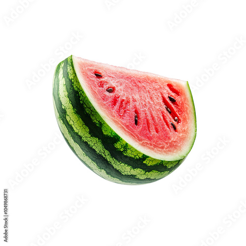 Watermelon with green rind and red flesh, showcasing a cross-sectional view, highlighting the fresh interior, isolated on white background 
 photo