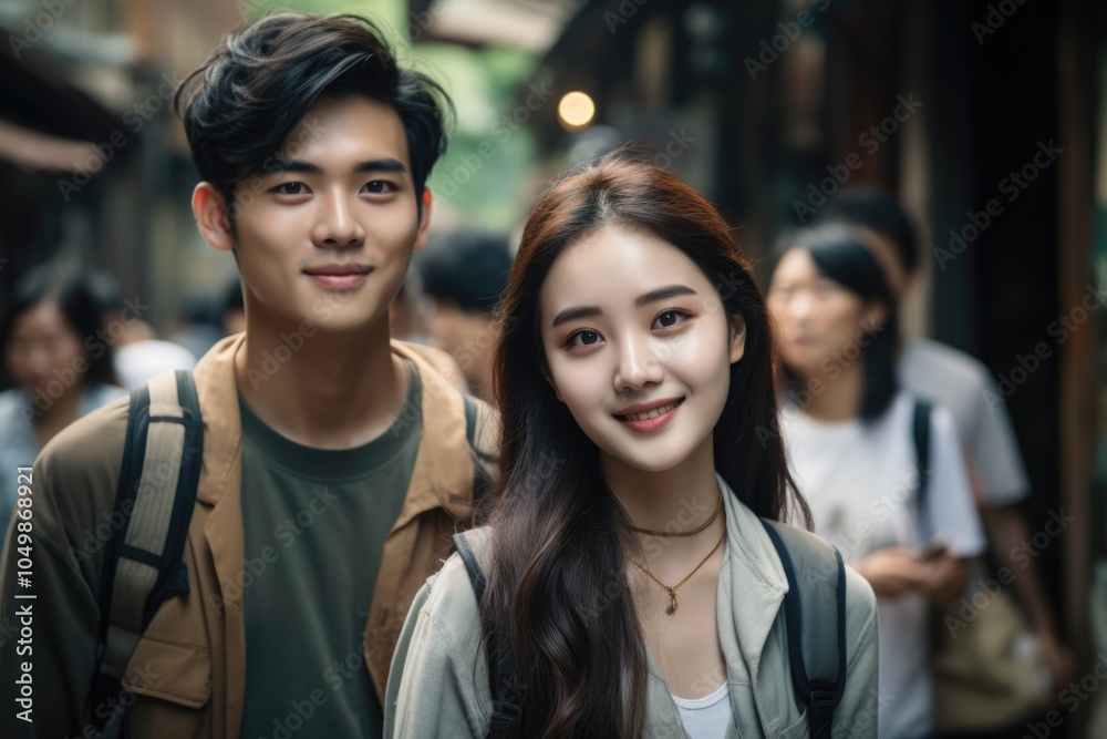 Man and a woman are smiling at the camera in a busy street. The man is wearing a backpack and the woman is wearing a necklace. Scene is happy and lighthearted Man and a woman are smiling at the camera in a busy street. The man is wearing a backpack and the woman is wearing a necklace. Scene is happy and lighthearted