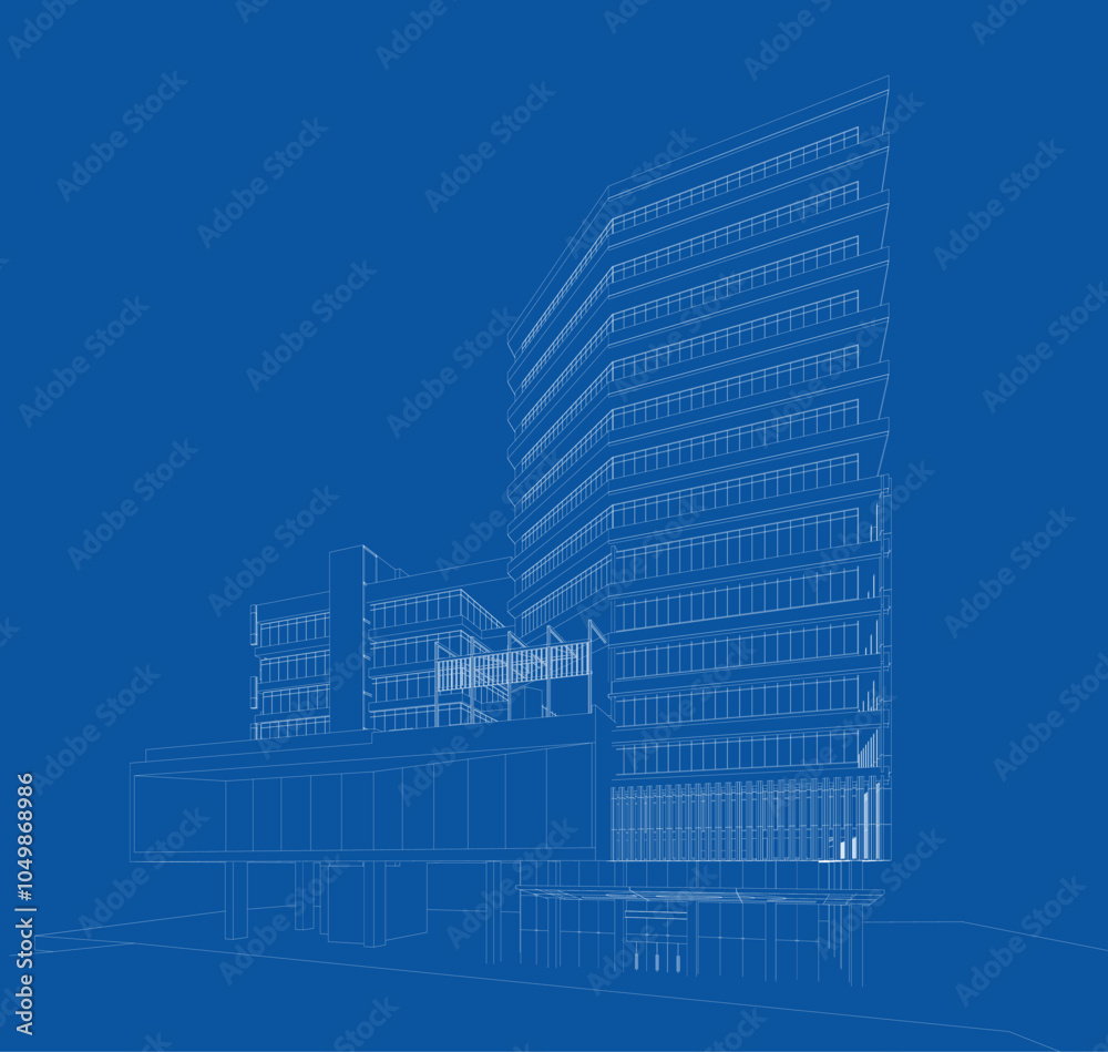 Fototapeta premium Perspective 3D render of building wireframe. 