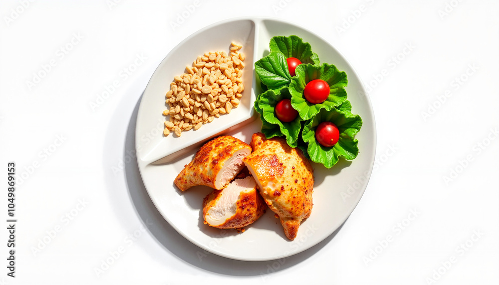 A plate features two pieces of grilled chicken, a portion of chopped peanuts, and fresh cherry tomatoes alongside crisp lettuce, all arranged neatly A plate features two pieces of grilled chicken, a portion of chopped peanuts, and fresh cherry tomatoes alongside crisp lettuce, all arranged neatly