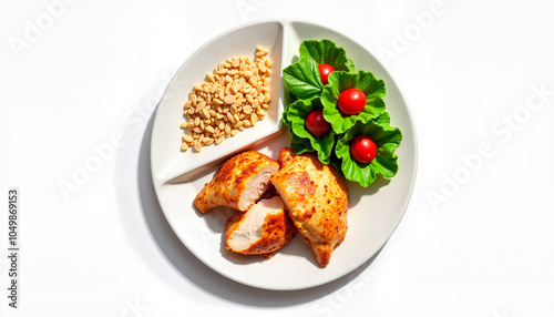 A plate features two pieces of grilled chicken, a portion of chopped peanuts, and fresh cherry tomatoes alongside crisp lettuce, all arranged neatly