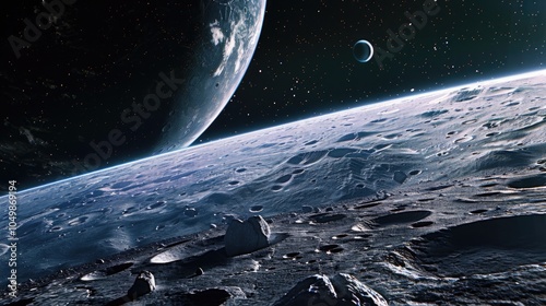 Fototapeta Naklejka Na Ścianę i Meble -  Rocky surface with a large planet in the background. The planet is surrounded by a lot of space debris