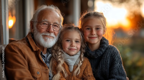 Heartwarming portrait of a grandfather embracing his granddaughters during a beautiful sunset