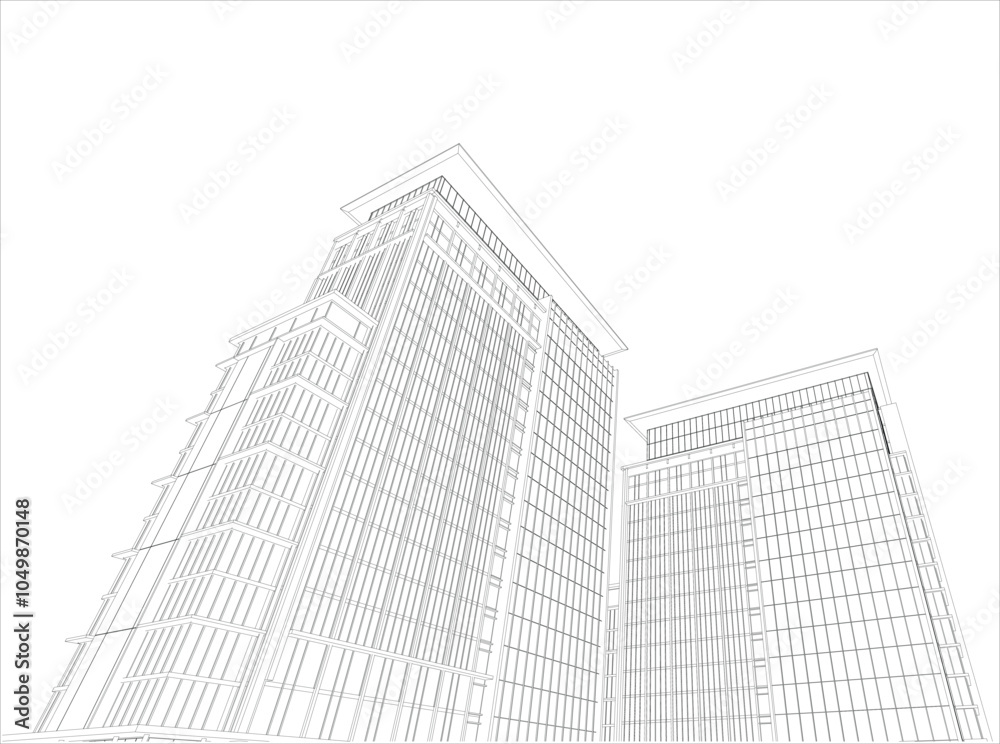 Perspective 3D render of building wireframe.
Perspective 3D render of building wireframe.