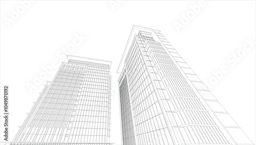 Perspective 3D render of building wireframe. 