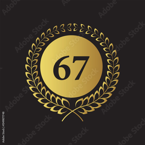 Laurel wreath with number 67. Golden laurel wreath with the number 67 vector illustration.