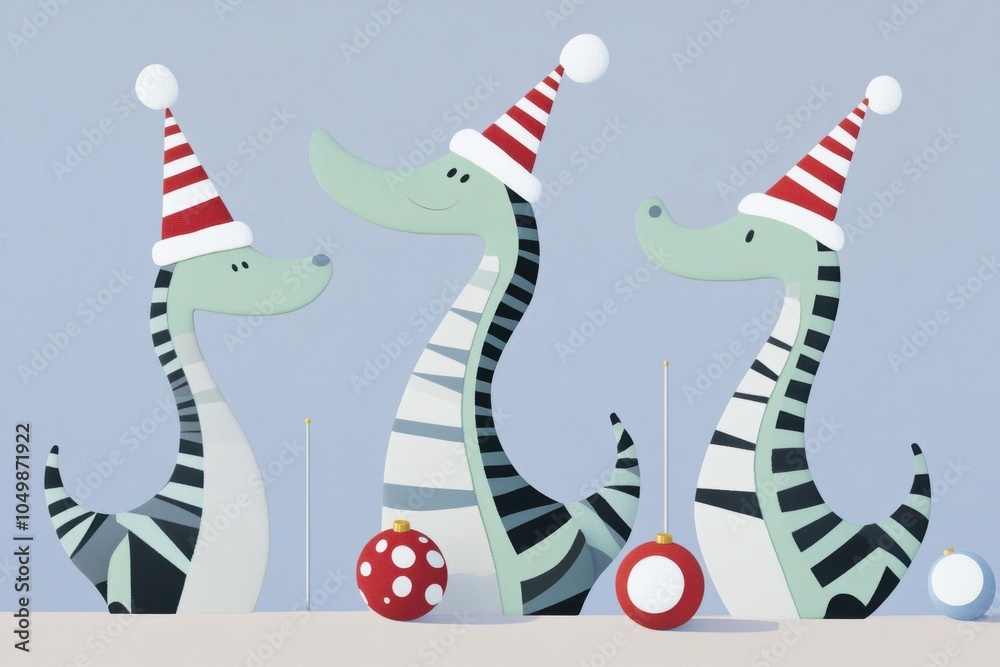 Obraz premium Three Cartoon Dinosaurs in Party Hats with Colorful Balls
