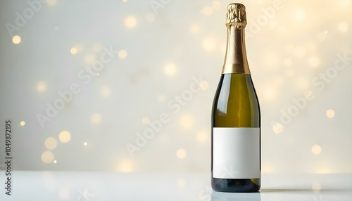 Champagne bottle with blank label for copy space on a white bokeh sparkle celebration anniversary wedding party background photo