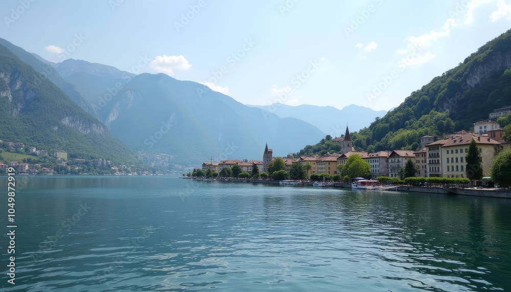 Tranquil lakeside village nestled amidst majestic mountains Tranquil lakeside village nestled amidst majestic mountains