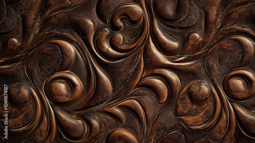 Realistic engraved leather texture with intricate swirls and patterns, showcasing rich brown tones and a luxurious feel