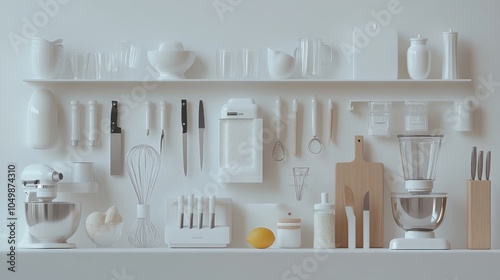 A minimalist kitchen shelf with various white and silver kitchen utensils and appliances. photo