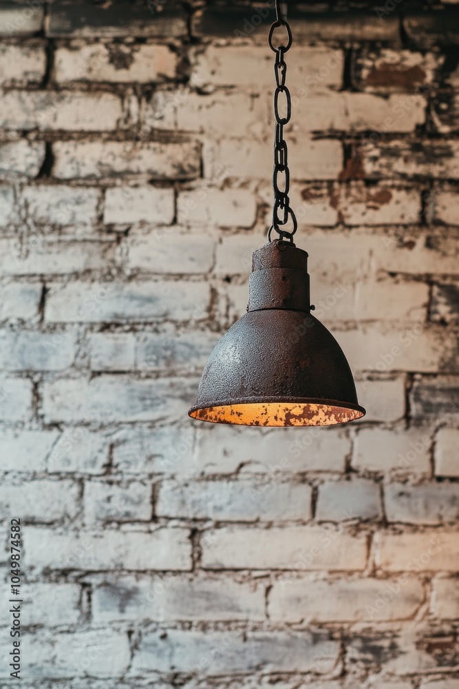 Obraz premium Rusted metal lamp hanging from a chain. The lamp is hanging from a brick wall