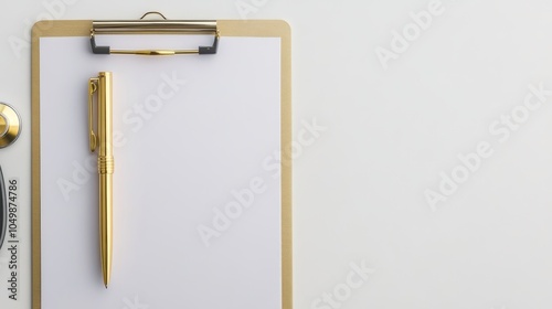 Elegant medical clipboard with a single gold pen placed on a white background healthcare merging simplicity with professional luxury photo