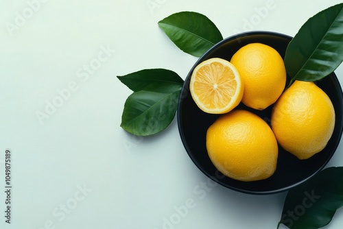 Freshly sliced lemons and whole lemons on a black plate with green leaves in ...