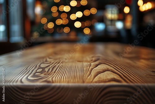 Cozy wooden tabletop with Christmas tree lights glowing in the background dur...
