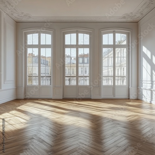 Bright and airy room with wooden flooring and large windows capturing natural...