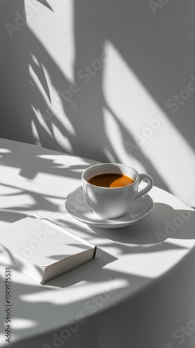 A white cup of coffee placed on a book in soft morning light by the window