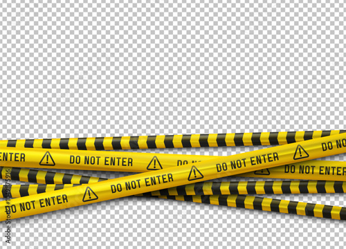 Yellow caution tapes. Security line on a transparent background. Crime scene barrier tape. Vector illustration.