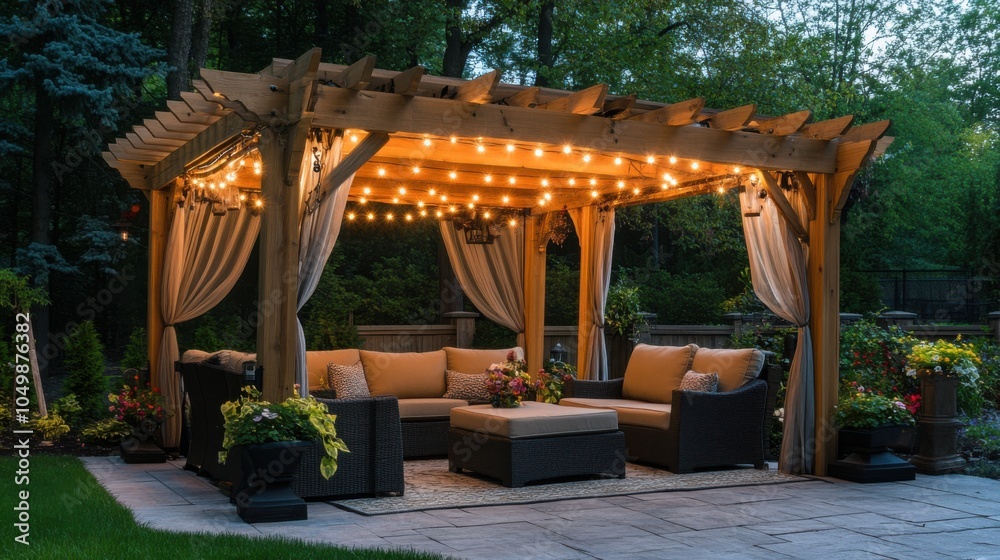 Elegant outdoor living space with a wooden pergola, plush seating, and twinkling string Elegant outdoor living space with a wooden pergola, plush seating, and twinkling string
