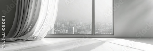 Modern interior with large windows showcasing a city skyline during daylight ...