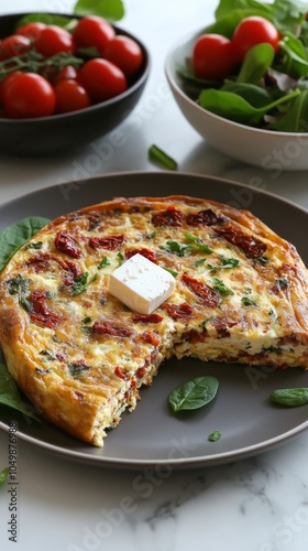 Delicious vegetable frittata served with fresh salad and cherry tomatoes in a...