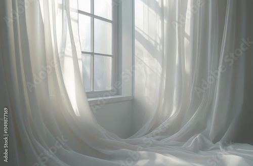 Bright and airy room with white curtains and sunlight streaming through large...