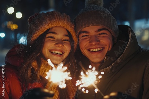 A couple celebrates winter with sparklers and joyful smiles during a festive ...
