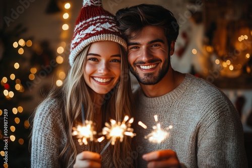 A couple celebrates winter with sparklers and joyful smiles during a festive ...