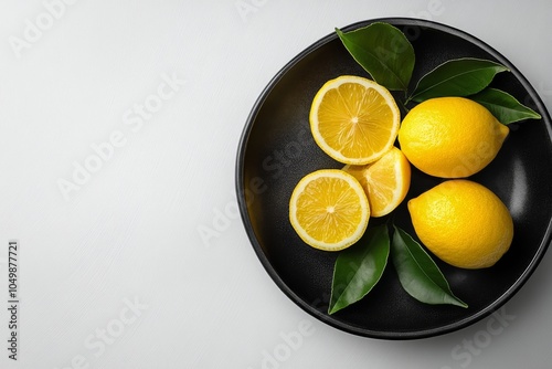 Freshly sliced lemons and whole lemons on a black plate with green leaves in ...