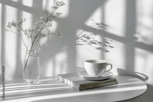 A cozy cup of coffee on a table with a book, bathed in soft sunlight and shadows