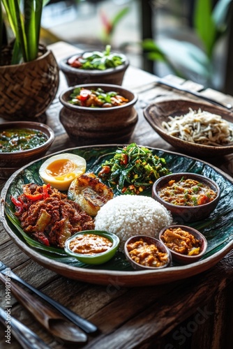 Plate of food with a variety of dishes including rice, meat, and vegetables. The plate is on a wooden table and is surrounded by bowls and a vase. Scene is inviting and appetizing